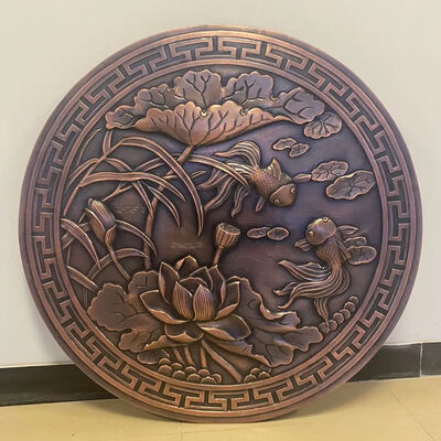 buy Round Forged Copper Relief Bronze Wall Hanging Decor Lotus Fish Pattern online manufacture